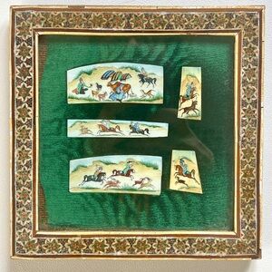 Antique Indo Persian Bone Painting Miniature Marquetry Frame Mughal Folk Art